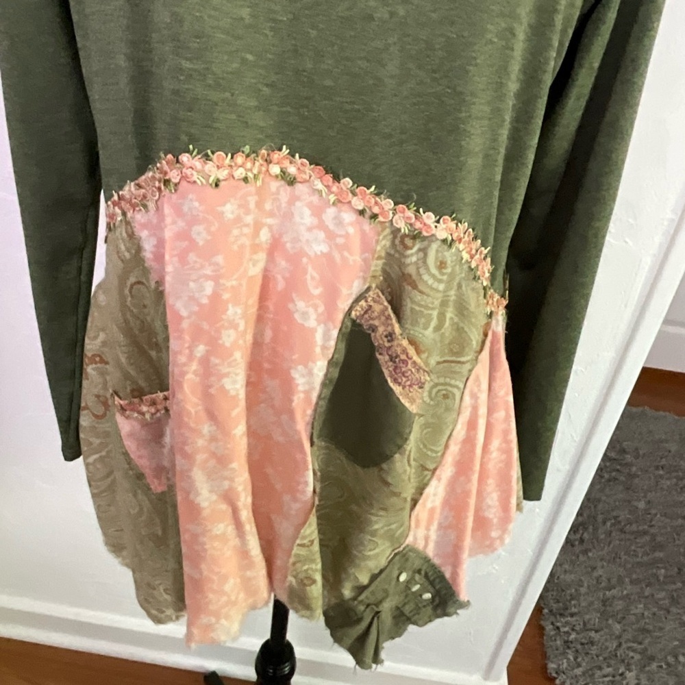 Mixed Media Patchwork Boho Tunic Top or Dress Olive Green Pink Floral Large - Picture 2 of 10